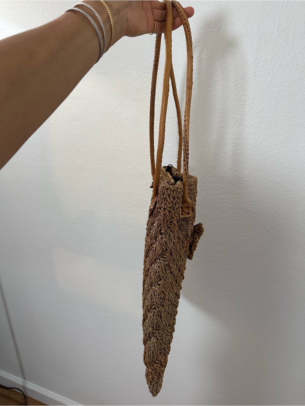 Brown Beige Woven Straw Handmade Tote Bag with Flower Accent & Leather Strap - Picture 9 of 14
